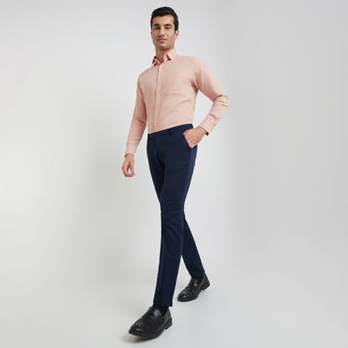 Raymond Men's Contemporary Fit Pure Cotton Structure Pattern Dark Blue Flat Front Casual Trouser