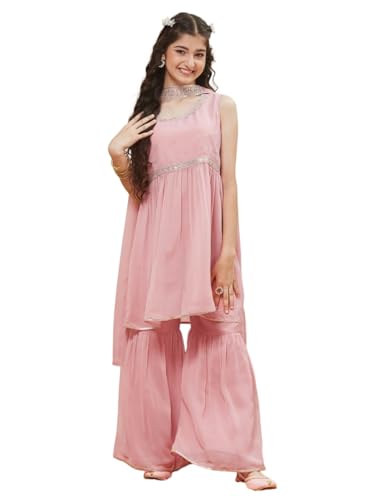 CURLY TALES ALPHA Girls Pink Sharara Set with Dupatta | Sleeveless Embellished Kurti with Gota Work | Ethnic Indian Dress for Kids | Traditional Festive Outfit for Wedding & Festivals