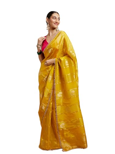 MOHEY Women's Mustard Satin Hand Embroidered|Cutdana|Stone Work Saree (Mustard)