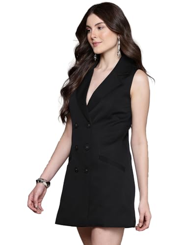 Label RITU KUMAR Collar Neck Sleevesless Solid Short Dress Black