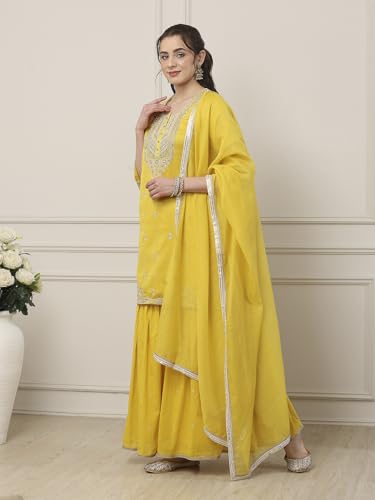 BIBA Women Yellow Silk Chanderi Straight Suit Set_34