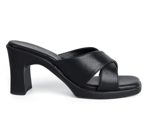 LOUIS STITCH Women's Black Stylish Cross Strap Block Heel Sandals for Women (LD06-BHCSJB105)