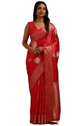 Soch Womens Red Satin Zari Woven Saree