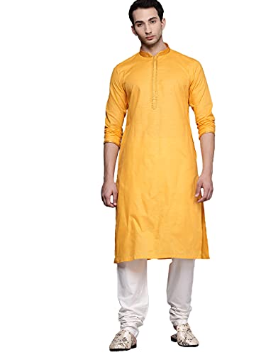 Manyavar Plain Knee Long Kurta and Churidar Set for Men - (Yellow, Large)