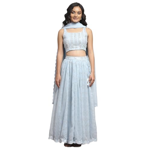 Biba Girls Blue Polyester Embroidered Kalidar Lehenga Set_4-5Y