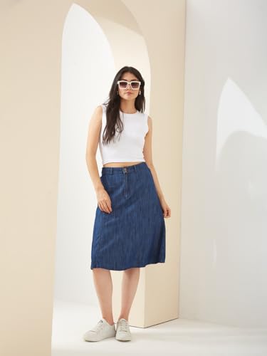 Latin Quarters Women Blue Denim Knee Length A-line Solid Casual Skirt_XL