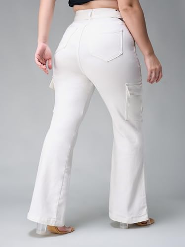Miss Chase A+ Women's Wide-Leg High-Rise Regular-Length Stretchable Cargo Denim Jeans (APSS23DEN12-52-LMF-36, Oat White, 36)