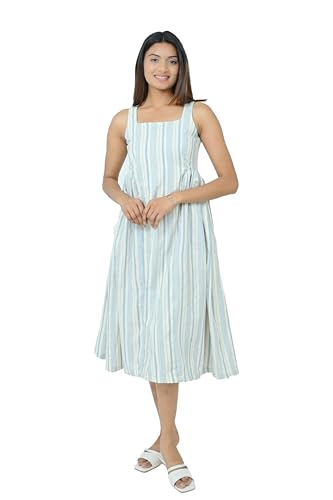 WE WORTH Women’s Striped Sleeveless Midi Dress | Square Neck Fit & Flare Casual Summer Dress for Girls (in, Alpha, M) White