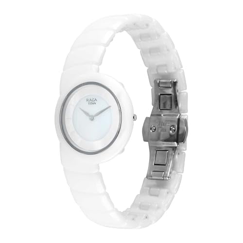 Titan Raga Chic Glam with Quartz Analog M.O.P + Ceramic Dial White Strap Watch for Women - 95391KC01