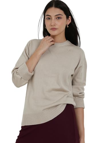 FableStreet Women Pullover Sweater | Loose Fit Round Neck Solid Design | Soft Acrylic Fabric & Ribbed Hemline for Autumn-Winter Casual & Everyday Wear Beige