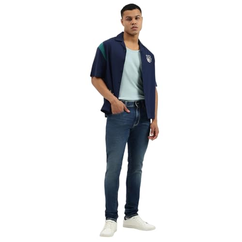 United Colors of Benetton Solid Slim Tapered Fit Mid Wash Worn Knit Jeans (Size: 34)-25A4REJE1306I901 Blue