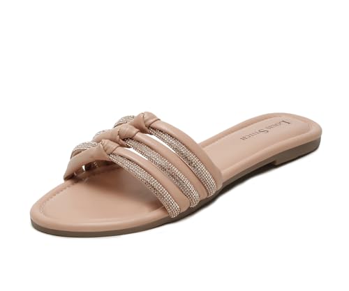 LOUIS STITCH Women's Fashion Flat Slip On Sandals | Open Toe Nude Stylish Flat Sandal for Ladies, Comfortable All day Wear Slipper | LSOF-LDSL-GLTSNU | (UK-6)