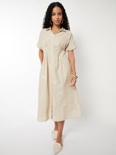 Max Women's Polyester A-Line Below The Knee Dress (IS510003_Beige