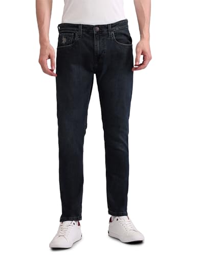 US Polo Association Men's Blue Solid Mid Rise Light Button Slim Jeans (UDJEN1369_Blue_32)