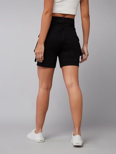 Dolce Crudo Women's Flared High Rise Regular Stretchable Denim Shorts (DOSS24DEN79-05-383-32, Slate Black, 32)