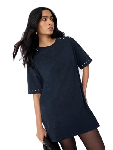 The Souled Store Solids: Iris Women and Girls Short Sleeves Round Neck Navy Blue Solid Cotton Oversized Fit Vintage Wash Lightweight Casual Dress