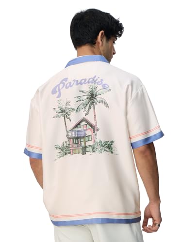 The Souled Store Hawaiian Shirt: State of Mind Men and Boys Short Sleeves Collared Neck Printed Polyester Lightweight Wrinkle-Resistant Oversized Holiday Shirt