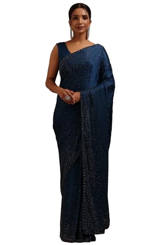 Soch Womens Blue Crepe Saree With Stone Work
