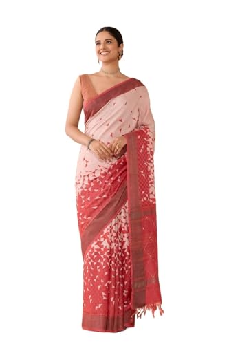 Taneira Women Red Bengal Pure Silk Screen Printed Saree with Unstitched Blouse Piece (SAIH01AC2219-Red)