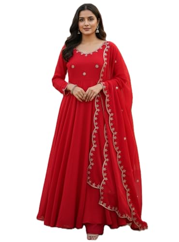 Leeli Peeri Designer Women's Vichitra Silk Embroidery Work Anarkali Kurta with Trouser and Dupatta