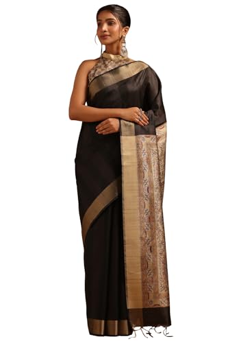 Soch Womens Black Tussar Madhubani Printed Saree