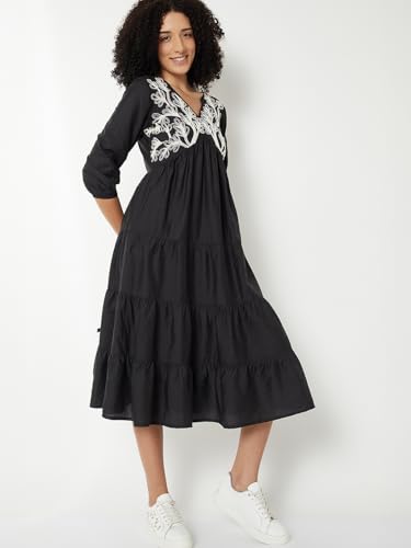 Max Women Embroidered Tiered Dress (Black_M)