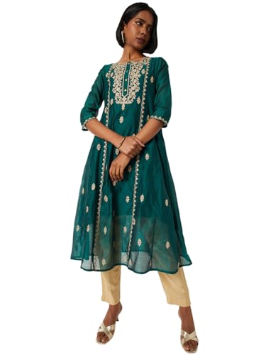 Max Women Embroidered A-line Kurta (Green_M)