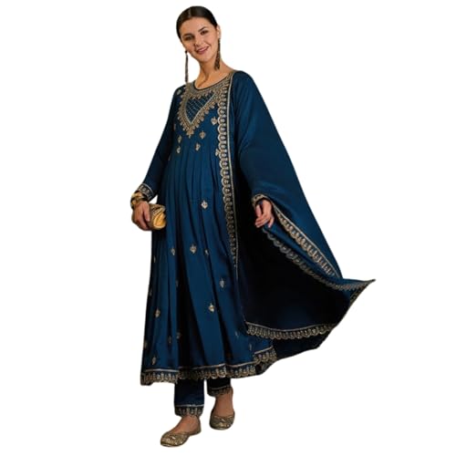 AVYUKTHA | Women Ethnic Motifs Embroidered Kurta with Trors & Dupatta | Traditional Thread Work Kurta Set for Festive & Daily | Navy | Size- 2XL