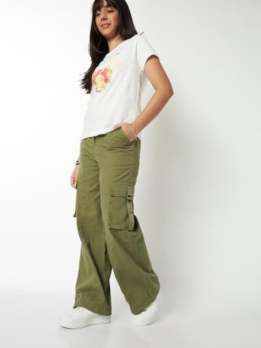 Max Girls Solid Wide Leg Cargo Trousers (Green_8-9 Y)