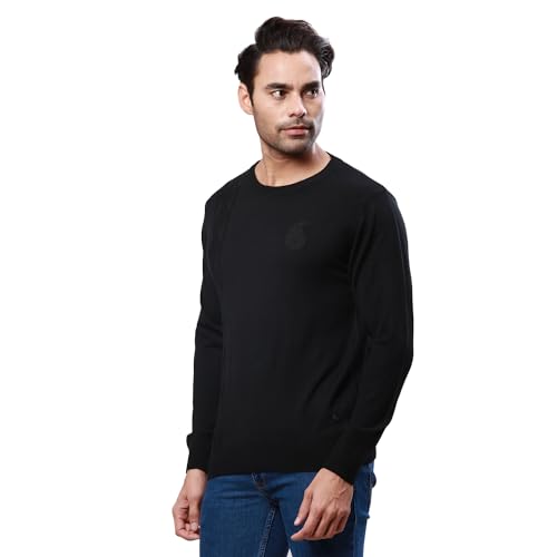 Raymond Men's Regular Fit Acrylic Wool Blend Full Sleeve Round Neck Structure Pattern Black Casual Sweater (Size: L)-RMWX01233-K8