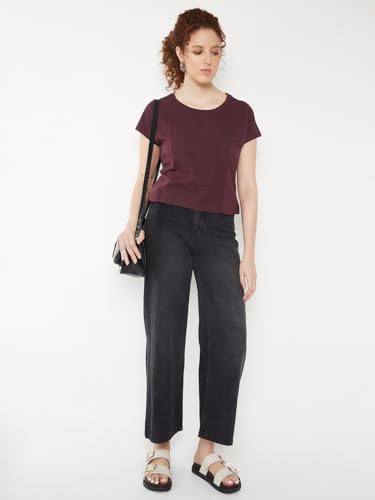 Max Women Embroidered Panel T-Shirt (Burgundy_L)