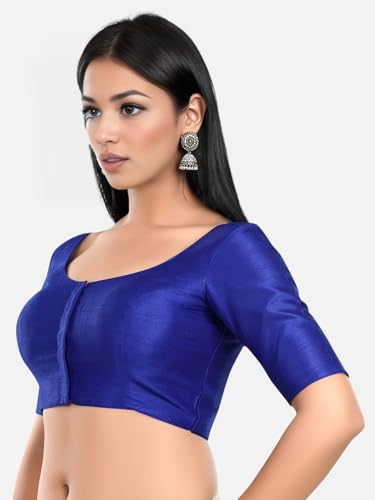 Biyu Women's Silk Solid Plain Round Neck Half Sleeve Readymade Saree Stylish Blouse (Royal Blue, 46)