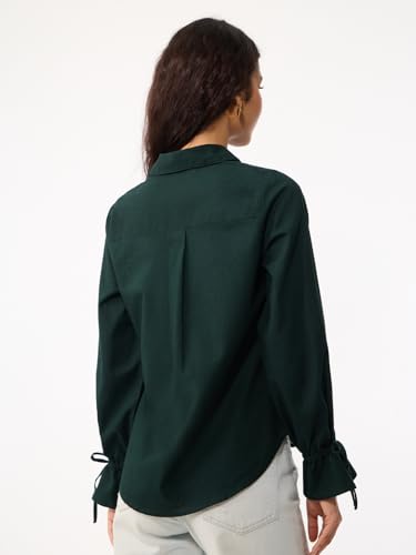The Souled Store Myrtle Women and Girls Full Length Spread Collar Dark Green Solid Cotton Linen Regular Fit Breathable Lightweight All-Season Shirt for Casual