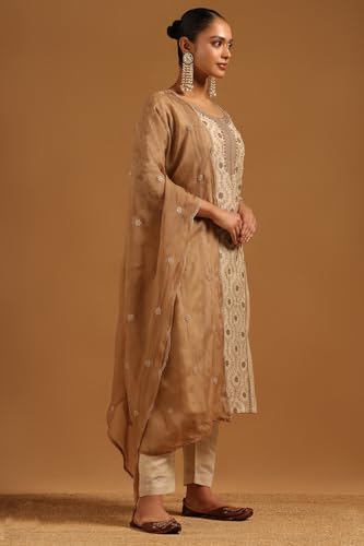Soch Womens Beige Mul Chanderi Botanical Salwar Suit With Machine Embroidery and Thread Work