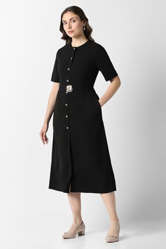 Women Black Solid Calf-Length Party Dress