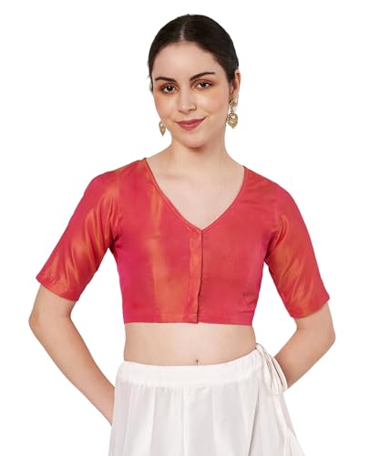 studio rasa Women's Silk Blend Dual-Tone V-Neck Blouse for Festive Wedding Party (TPWC62543S_Pink_Small)