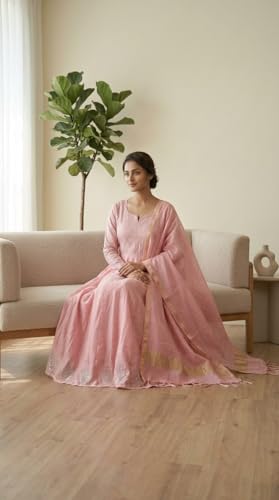 Gown in Mal Chanderi, Sage Green, Full Mukesh Embroidery Work, Sizes 36 to 50, Length 50 (in, Alpha, 4XL, Regular, Pink)