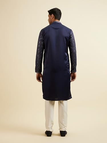 Manyavar Men's Satin Embroidered|Sequins Kurta Pyjama Set (Blue,XL)