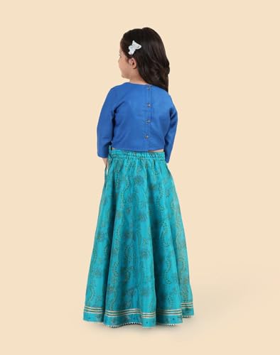 Fabindia Girls Cotton Silk Blend Blue Hand Block Print Round Neck 3Q Sleeves Celebration Regular Fit Lehenga Choli & Dupatta Set