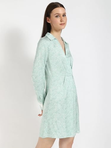Viscose Spread Collar A-Line Dress Green