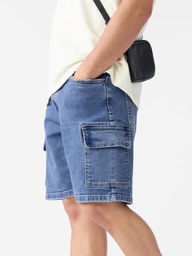 The Souled Store Baggy Cargo: Glacier Men and Boys Buttoned Knee Length Cotton Blend Baggy Fit Denim Shorts