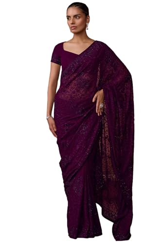Soch Womens Wine Georgette Embroidered Saree