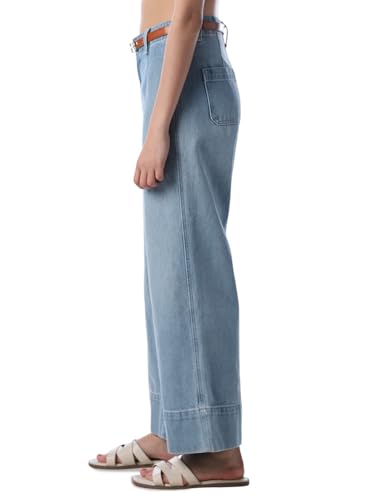 ONLY Women's Solid Wide Leg Blue Jeans with Belt