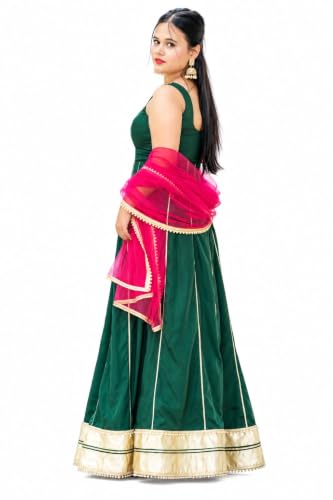 Women's Green Anarkali Gown with Pink Net Dupatta | Gold Gota Patti Border