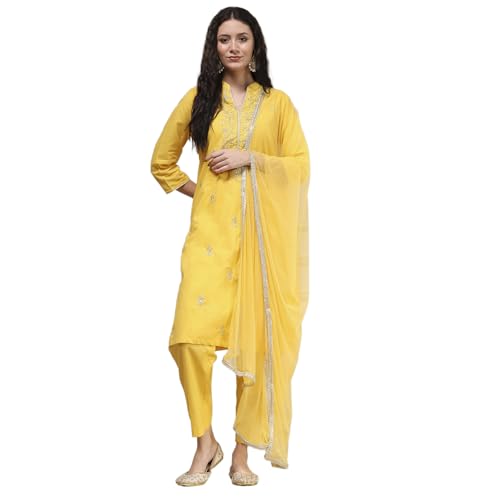 Biba Women's Yellow Cotton Straight Solid Suit Set