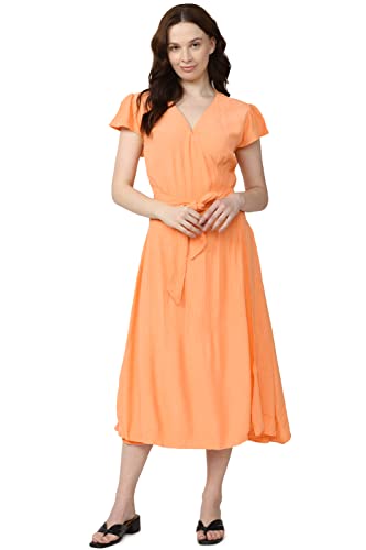Van Heusen Women's Viscose Classic Below The Knee Dress (VWDRFRGFE37471_Orange