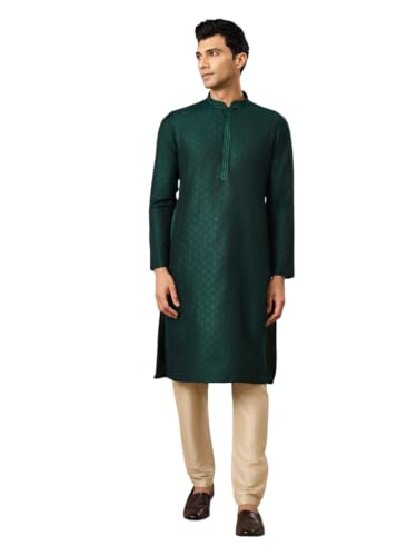 Manyavar Men's Art Silk Self-Textured Knee-Length Kurta Pyjama Set (Dark Green,XXL)