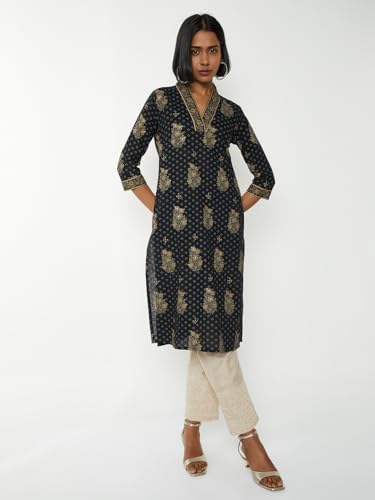 Max Women Printed Straight Kurta (Black_S)