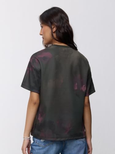 The Souled Store Freedom Women and Girls Short Sleeves Round Neck Dark Green Tie-Dye Embroidered Cotton Polyester Blend Oversized Comfortable Streetwear T-Shirts