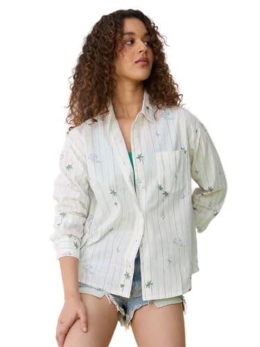 The Souled Store Beach Stripes Women and Girls Full Sleeves Spread Collar Off White Printed Cotton Oversized Fit Lightweight Summer Ready Shirt for Casual Wear